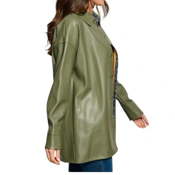 Hem & Thread Vegan Leather Oversized Lined Shacket with Floral Contrast detail - Picture 3 of 4